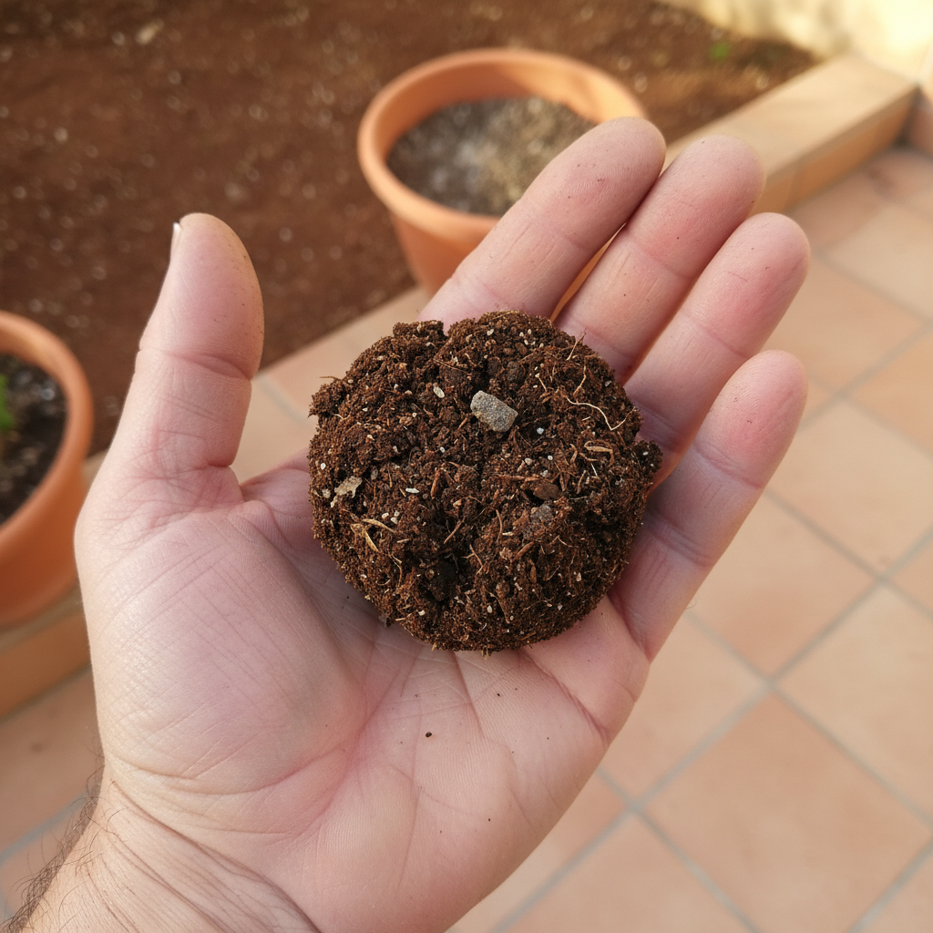 Mano sosteniendo un puñado de tierra húmeda apretada en bola para comprobar la textura del suelo del jardín.
