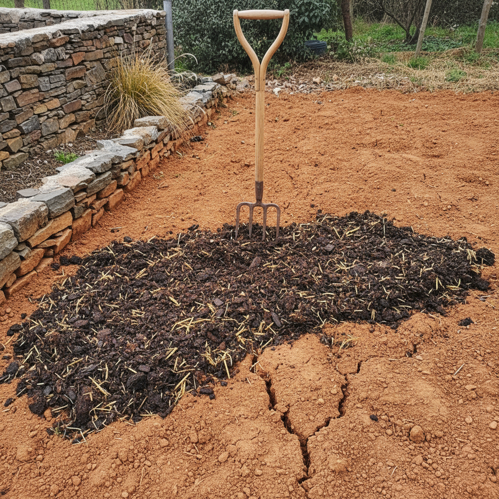 Suelo arcilloso de la meseta cubierto por una capa de compost oscuro junto a una horca de doble mango clavada en la tierra.