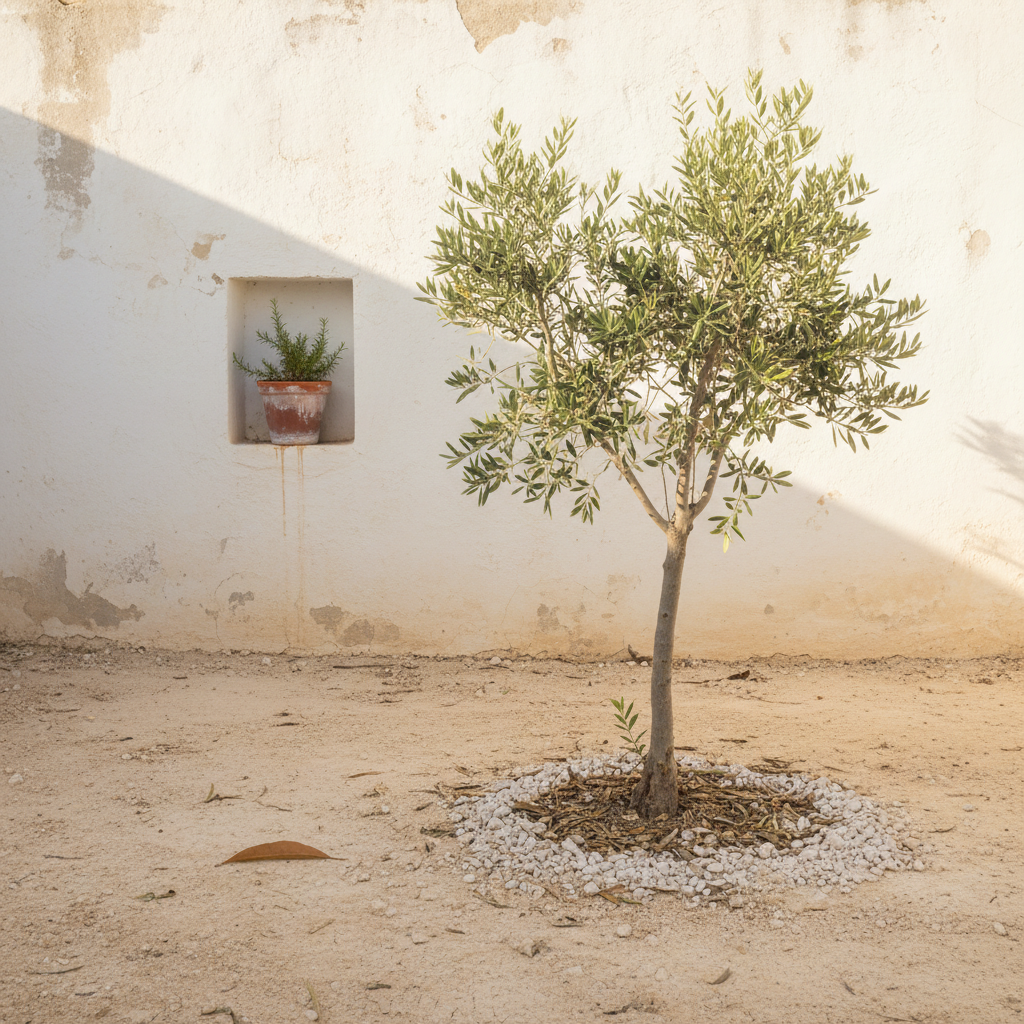 Olivo joven plantado en suelo calcáreo claro junto a una pared encalada en un jardín mediterráneo español.
