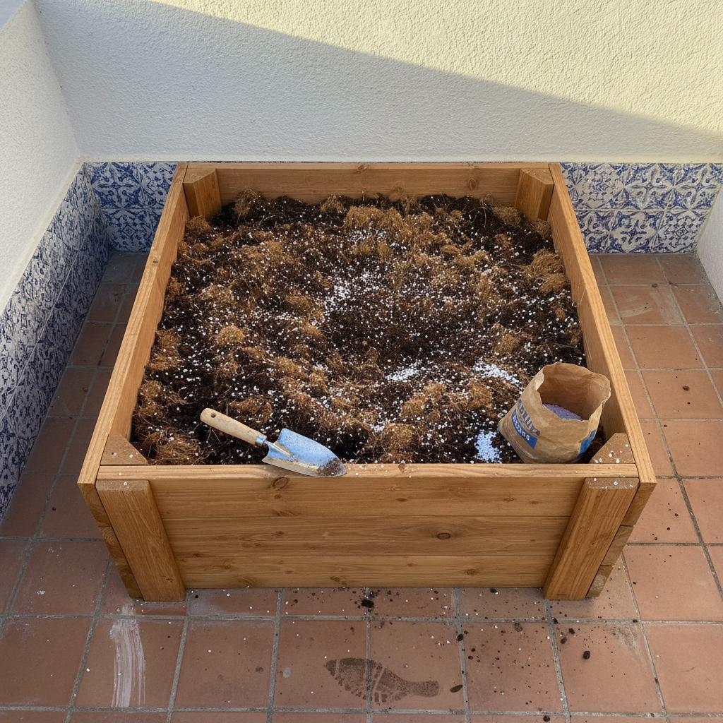 Mesa de cultivo elevada de madera en una terraza española recién rellena con mezcla de compost, fibra de coco y perlita.