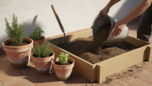 Manos vertiendo compost oscuro sobre tierra recién trabajada en un huerto casero español junto a macetas de barro.