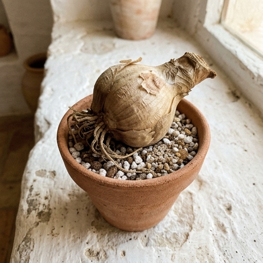 Bulbo de Hippeastrum sobre sustrato drenante con perlita en maceta pequeña de terracota, listo para plantar.