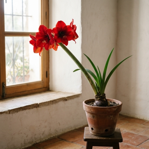 Tallo floral de Hippeastrum inclinado hacia la ventana con flores rojas abiertas, en alféizar de casa española.