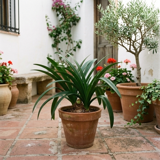 Maceta de Hippeastrum con hojas verdes largas en terraza exterior en verano, junto a otras plantas, en jardín mediterráneo.
