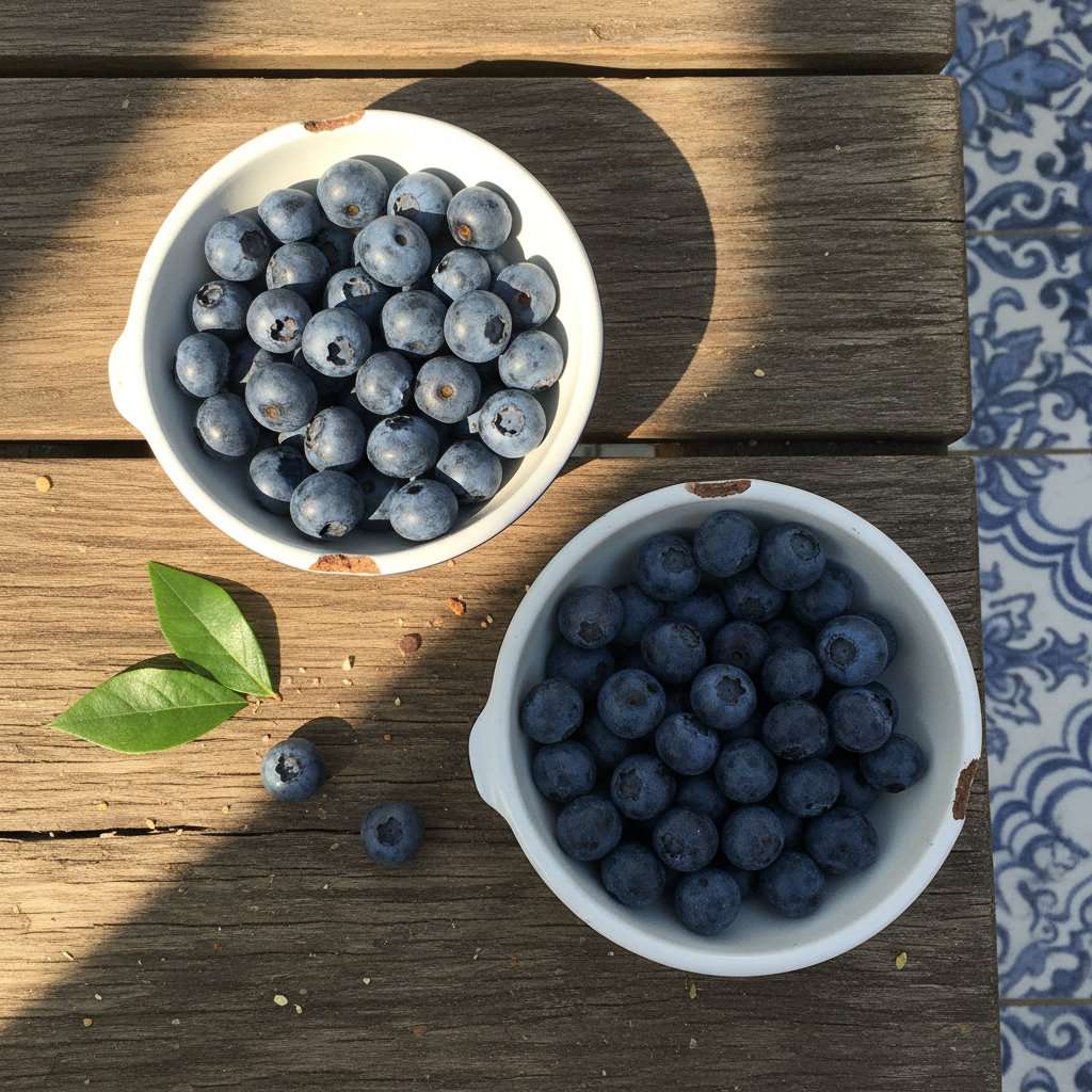 Comparativa de dos racimos de arándanos Duke y Bluecrop sobre una mesa de madera en un patio español