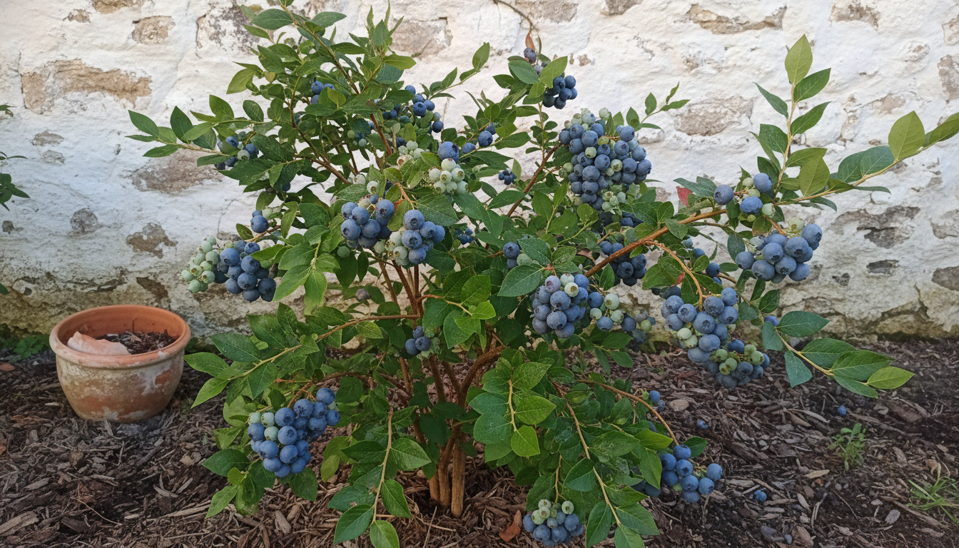 Arbusto de arándano alto con frutos azules maduros en un huerto del norte de España junto a un muro encalado