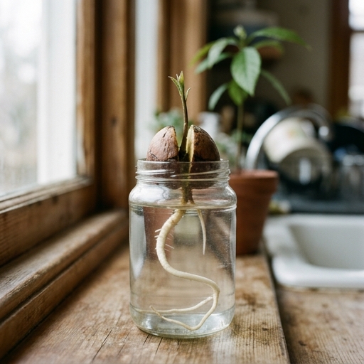 Hueso de aguacate rajado con raíz larga en vaso de agua sobre alféizar de ventana.