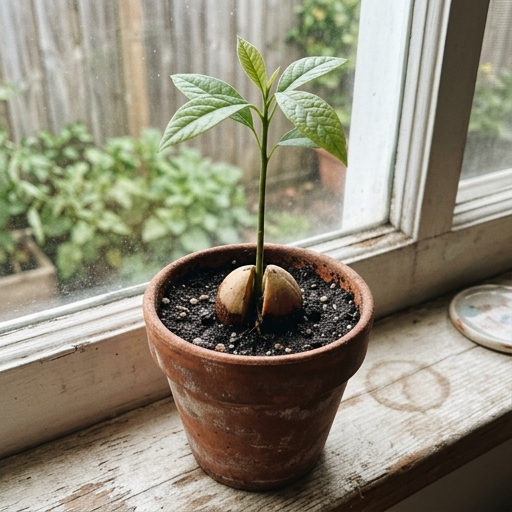 Plántula de aguacate recién trasplantada a maceta de barro con tierra, junto a ventana luminosa.