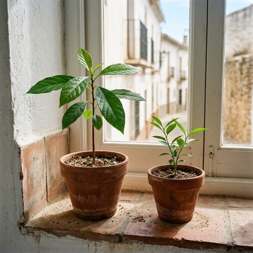 Planta de aguacate y limón de semilla en macetas en alféizar soleado de casa española.