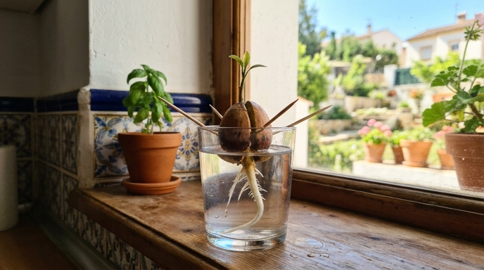 Hueso de aguacate suspendido en vaso de agua con palillos, raíz blanca y brote verde visibles.