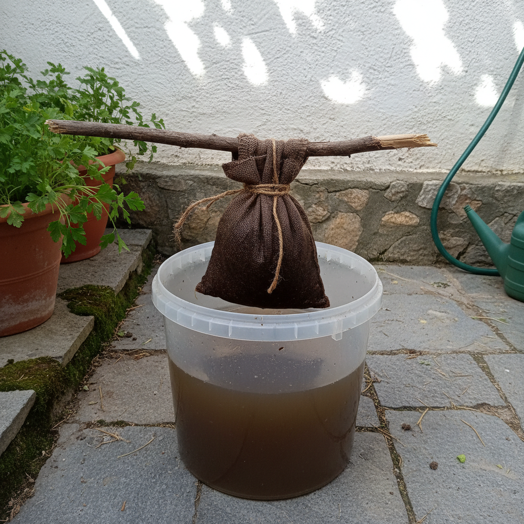 Saco de arpillera con estiércol compostado sumergido en un cubo de agua atado a un palo de madera.