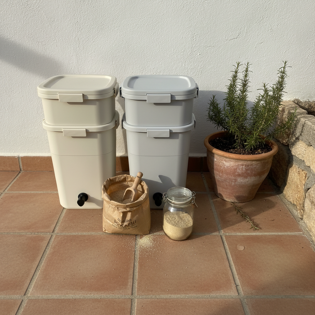 Dos cubos bokashi apilables y bolsa abierta de salvado de bokashi sobre suelo de barro de patio