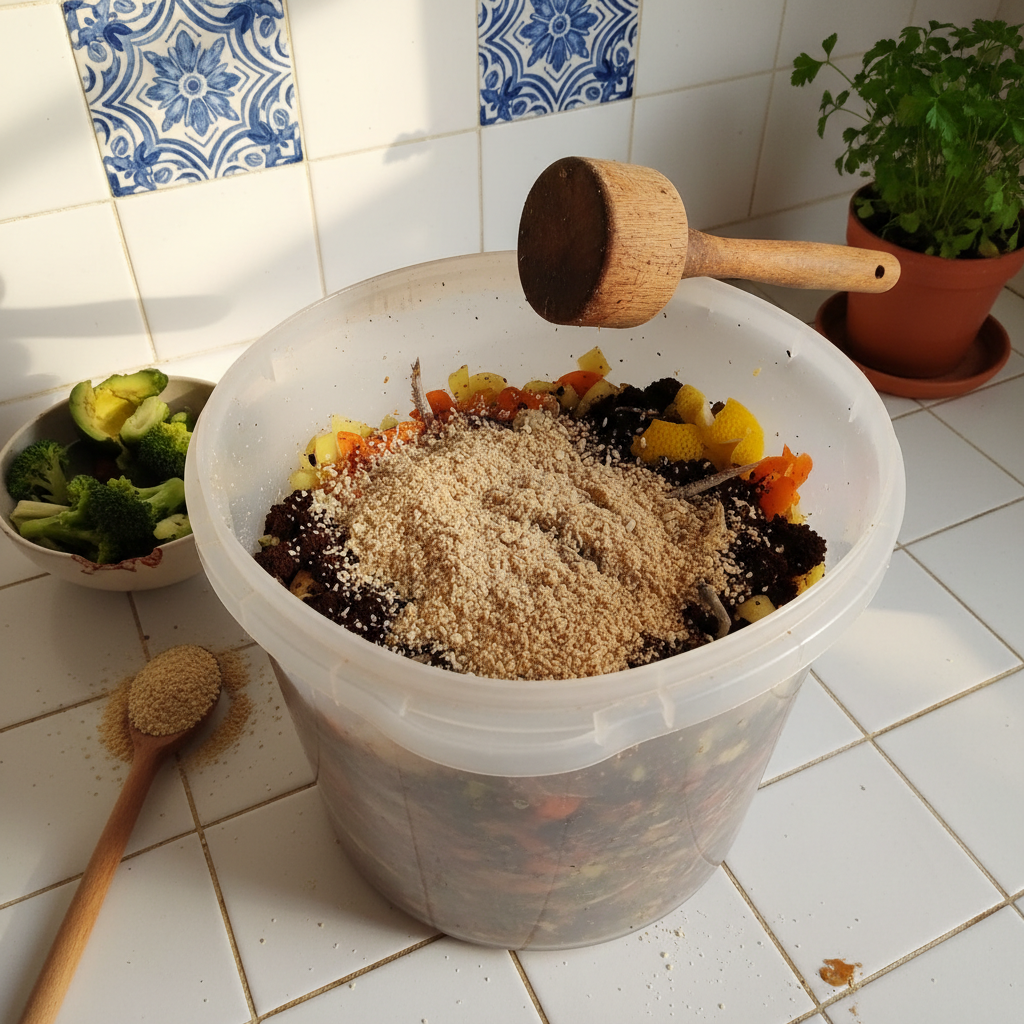 Capa de salvado de bokashi espolvoreada sobre restos de cocina dentro de cubo abierto