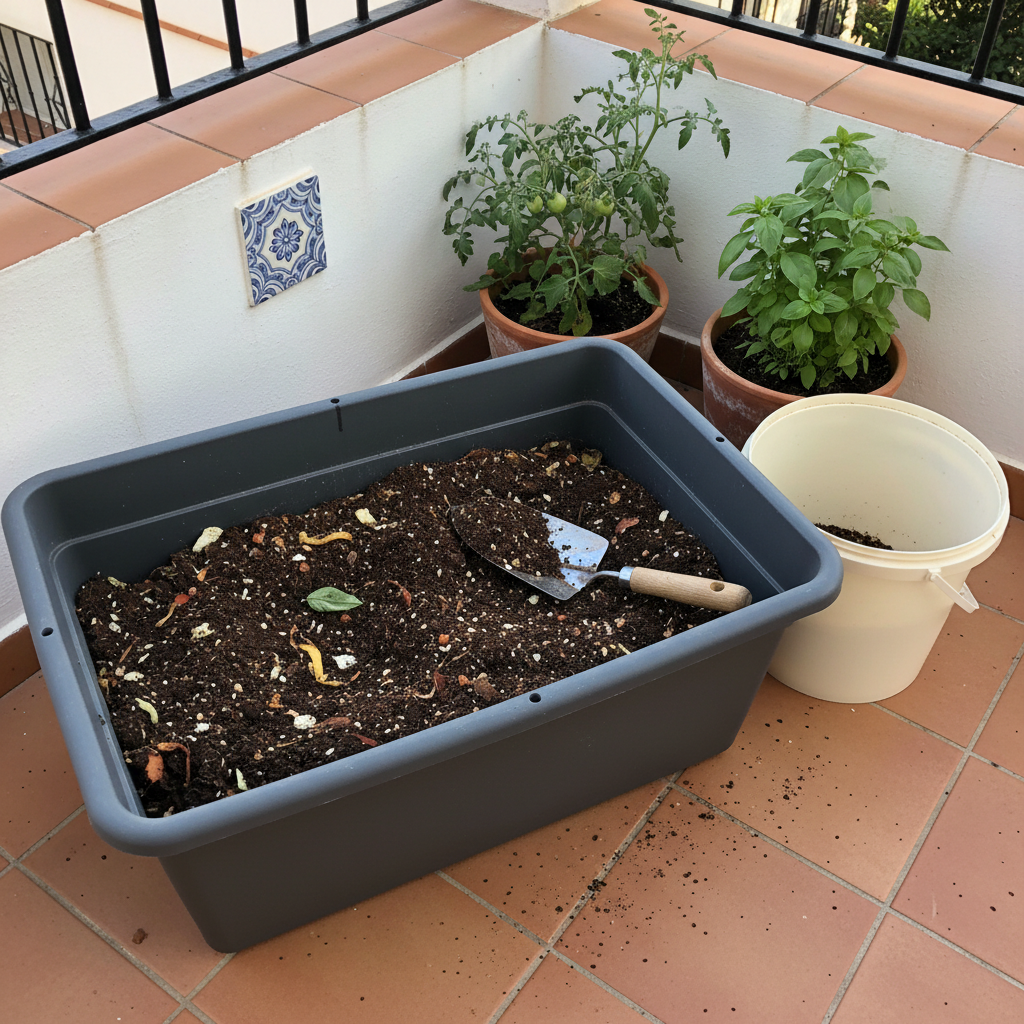 Jardinera grande con sustrato y precompost bokashi mezclado, sobre balcón con azulejos