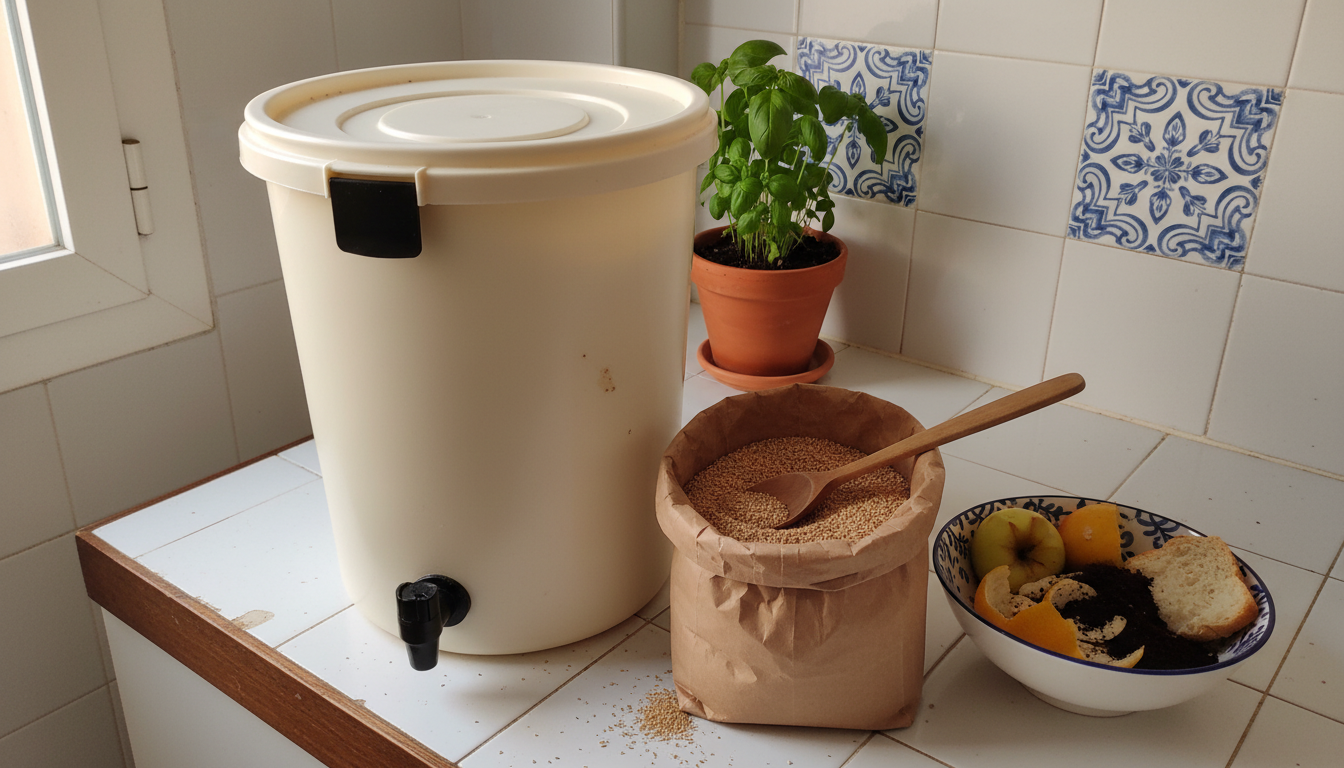 Cubo bokashi cerrado con grifo sobre encimera de cocina española junto a bolsa de salvado