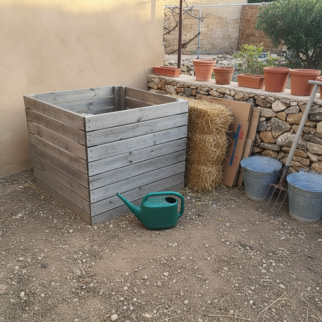Bala de paja y horca apoyadas en una compostera de madera junto a un muro de piedra en jardín español.