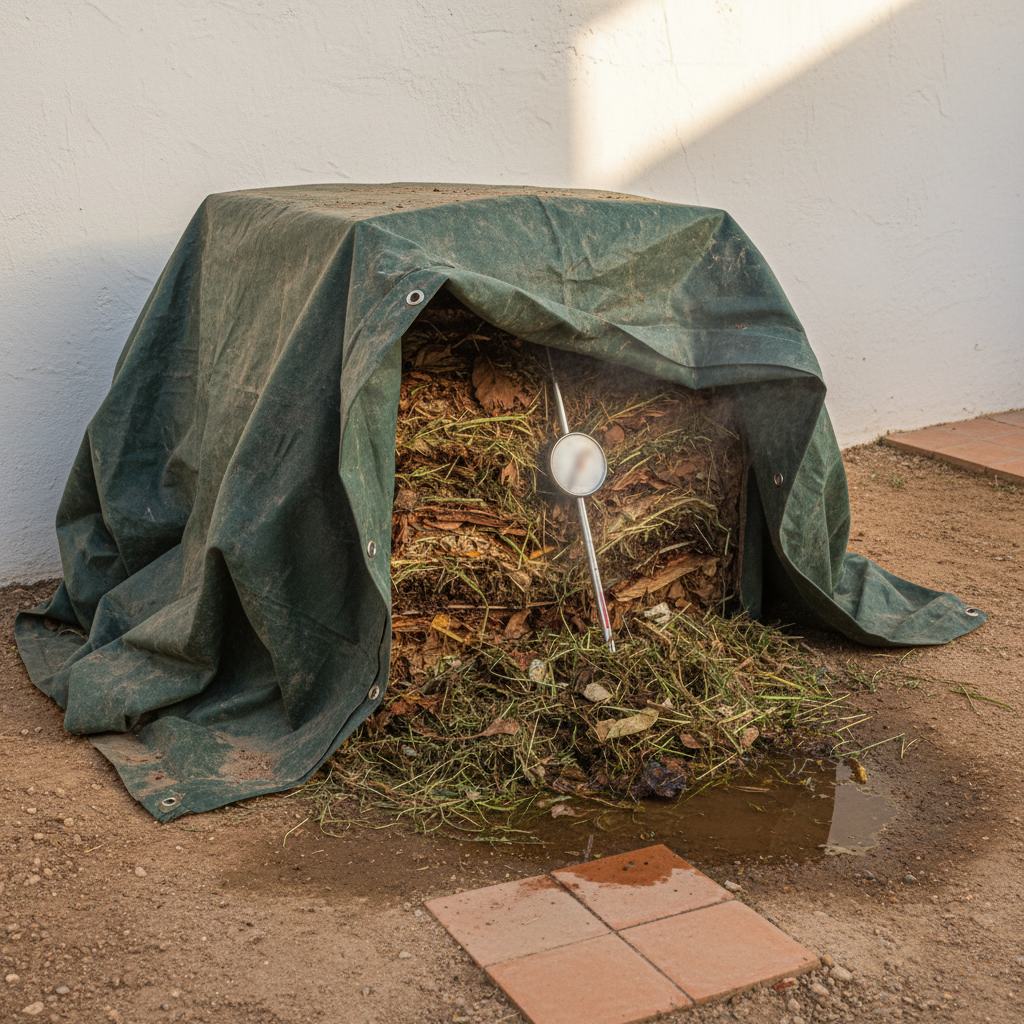 Termómetro de compost de varilla larga clavado en una pila cubierta con lona oscura en patio mediterráneo.