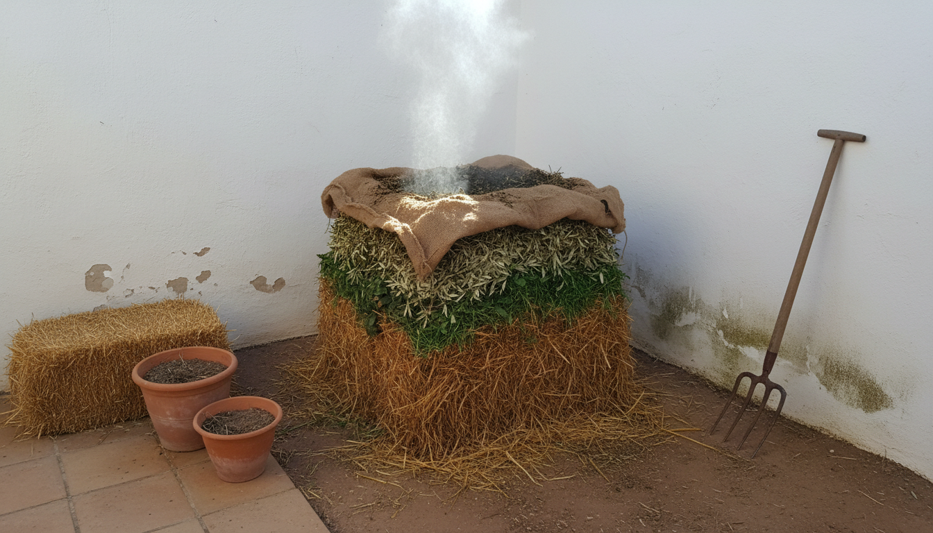 Pila de compost humeante en patio español con muro encalado y horca de cuatro púas apoyada al lado.