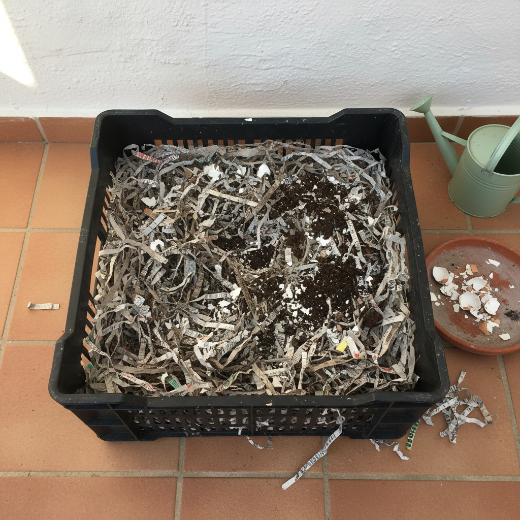 Lecho de papel de periódico triturado y húmedo con cáscaras de huevo molidas, listo para recibir las lombrices rojas.