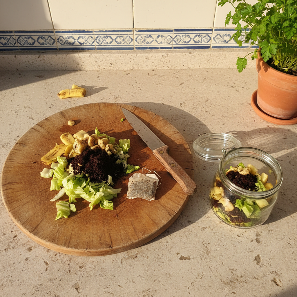 Restos vegetales troceados sobre tabla de madera junto a un bote de cristal, listos para el vermicompostero.