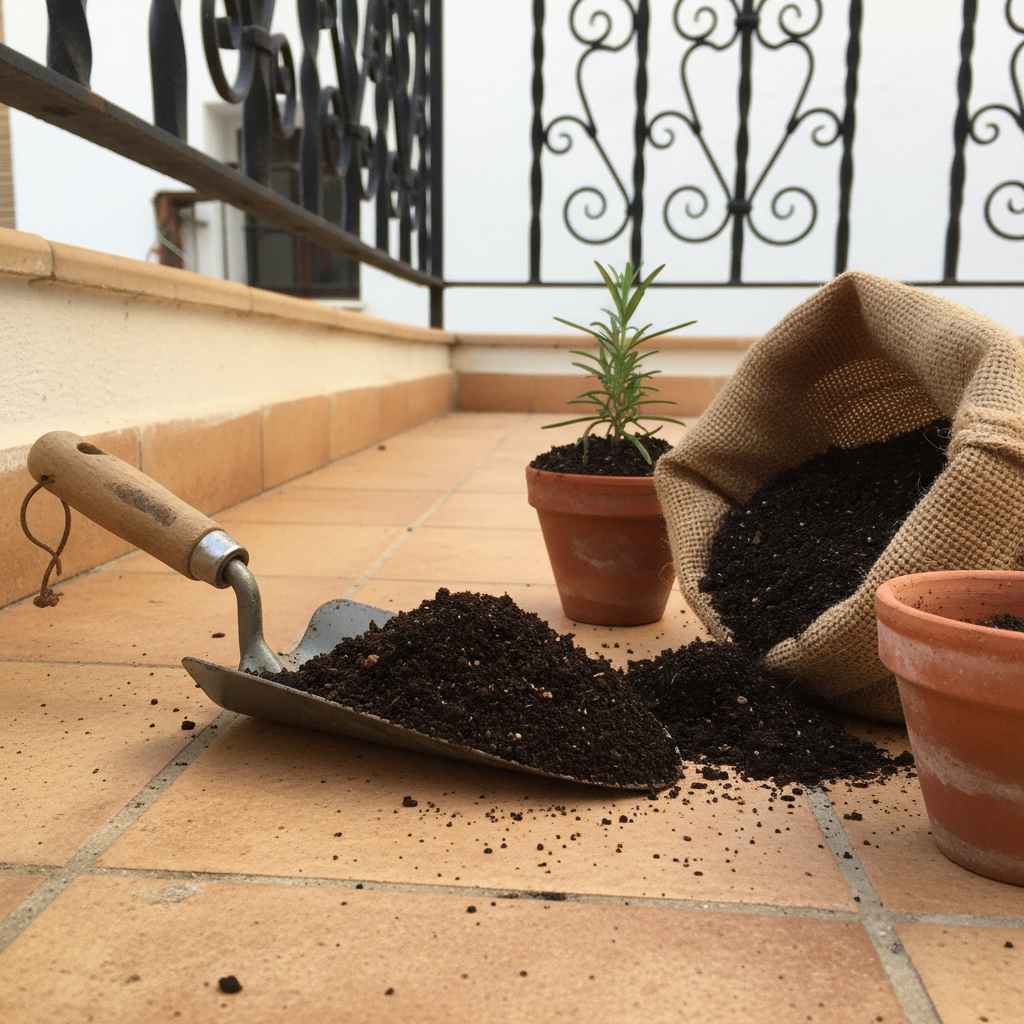 Humus de lombriz oscuro y granuloso recogido en una pala pequeña sobre baldosas de terracota junto a macetas de barro.