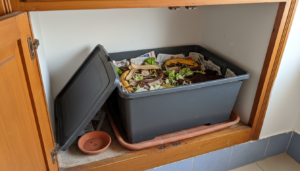 Cajón de vermicompostero abierto bajo el fregadero de una cocina española con lecho de papel triturado y restos vegetales.