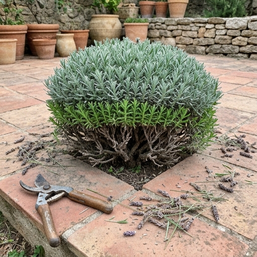 Mata de lavanda recién podada en forma de cojín sobre baldosas de terracota, con espigas marchitas cortadas alrededor.