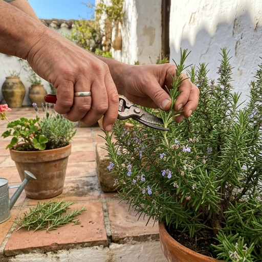 Manos pinzando con tijera las puntas verdes de una mata de romero junto a una pared blanca encalada.