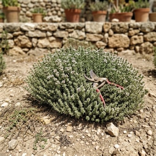 Mata baja de tomillo en flor sobre grava clara con una tijera de podar pequeña apoyada encima.