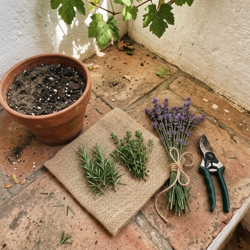 Esquejes de romero y tomillo y un ramillete de lavanda atado, sobre baldosas de terracota en un patio español.