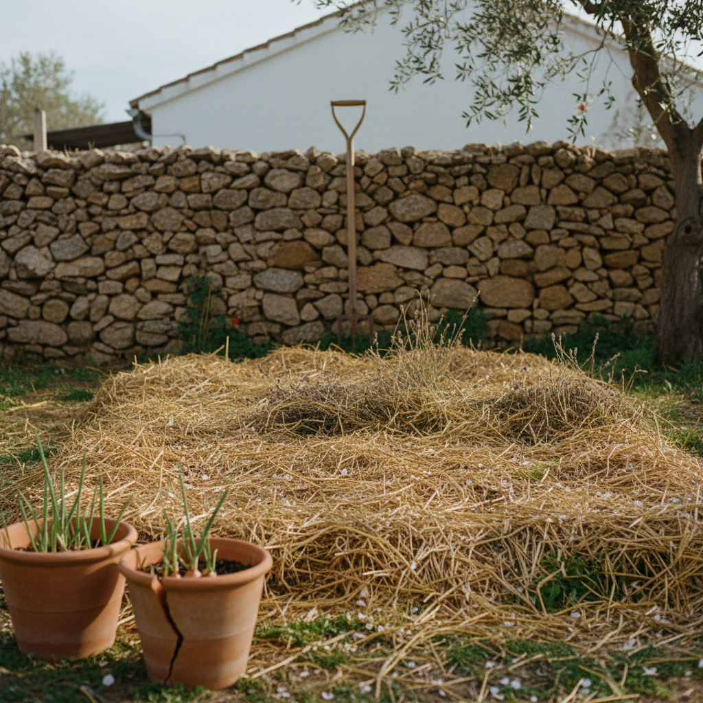Bancal de huerto cubierto con acolchado de paja sobre tierra oscura, junto a una horca apoyada en un muro de piedra