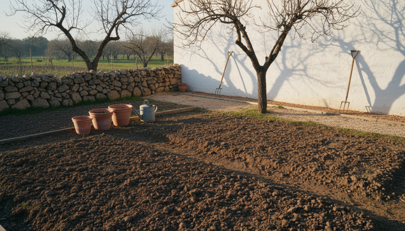 Bancal de huerto recién preparado en primavera con tierra oscura suelta y caballones bajos junto a un muro encalado