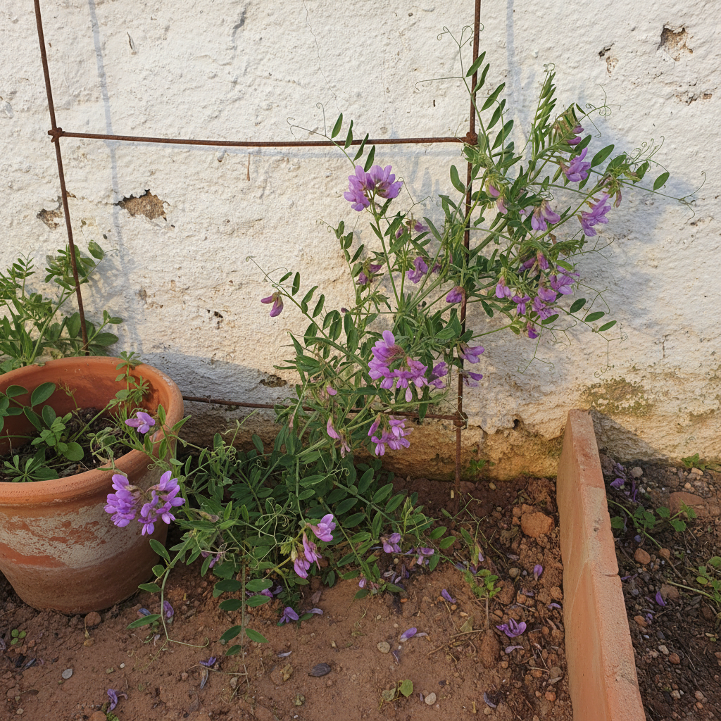 Mata de veza común en flor con pequeñas flores violetas y hojas compuestas, creciendo entre tierra arcillosa de un huerto mediterráneo.