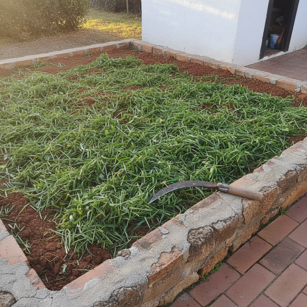Restos de centeno recién segados en superficie como acolchado verde sobre un bancal de huerto, listos para incorporar.
