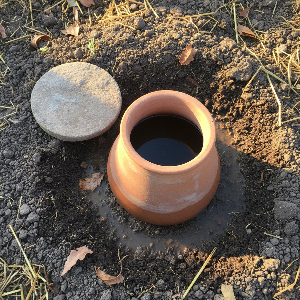 Detalle del cuello de una olla de barro porosa con la pared exterior oscurecida por la humedad del riego.