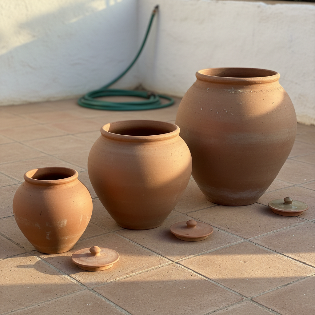 Tres ollas de barro de distintos tamaños alineadas sobre baldosas de terracota junto a un muro encalado.