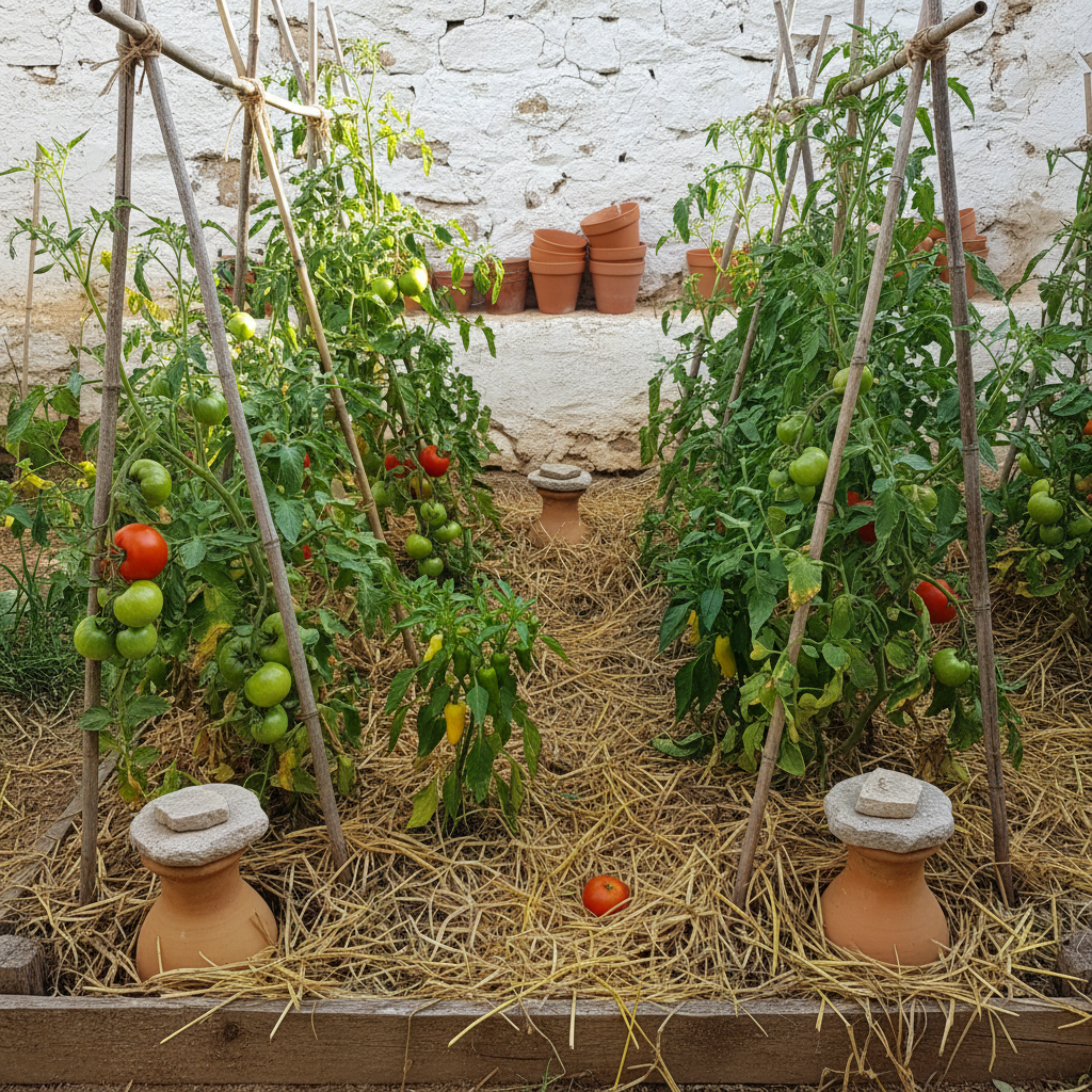Bancal con tomateras y pimientos creciendo alrededor de los cuellos de varias ollas de barro tapadas con piedras.
