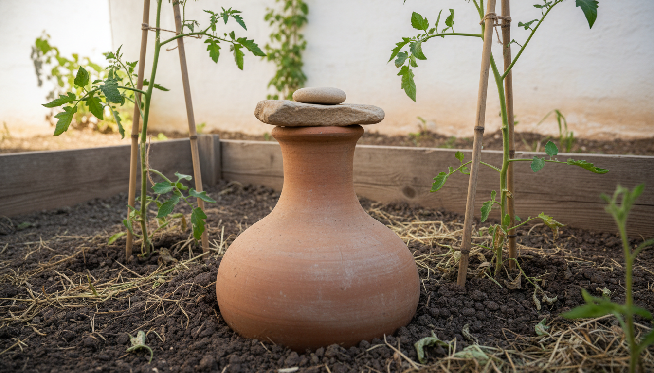 Olla de barro sin esmaltar enterrada junto a tomateras, con el cuello asomado y tapado con una piedra plana.