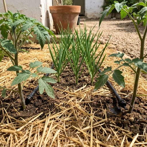 Detalle de tomateras jóvenes con ajos brotando entre ellas sobre suelo acolchado con paja en huerto mediterráneo.
