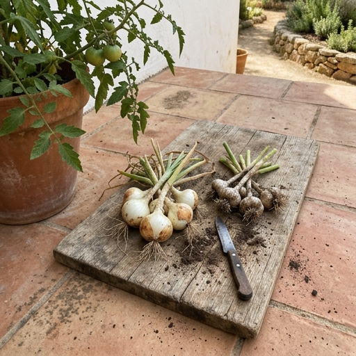 Bulbos de cebolla y dientes de ajo recién cosechados sobre tabla de madera junto a tomatera en patio mediterráneo.