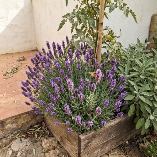 Mata de lavanda en flor visitada por una abeja, junto a tomatera tutorada en bancal mediterráneo soleado.