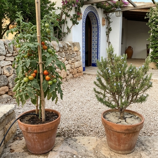 Tomatera tutorada y mata de romero plantadas en macetas separadas sobre patio mediterráneo de gravilla y baldosas.