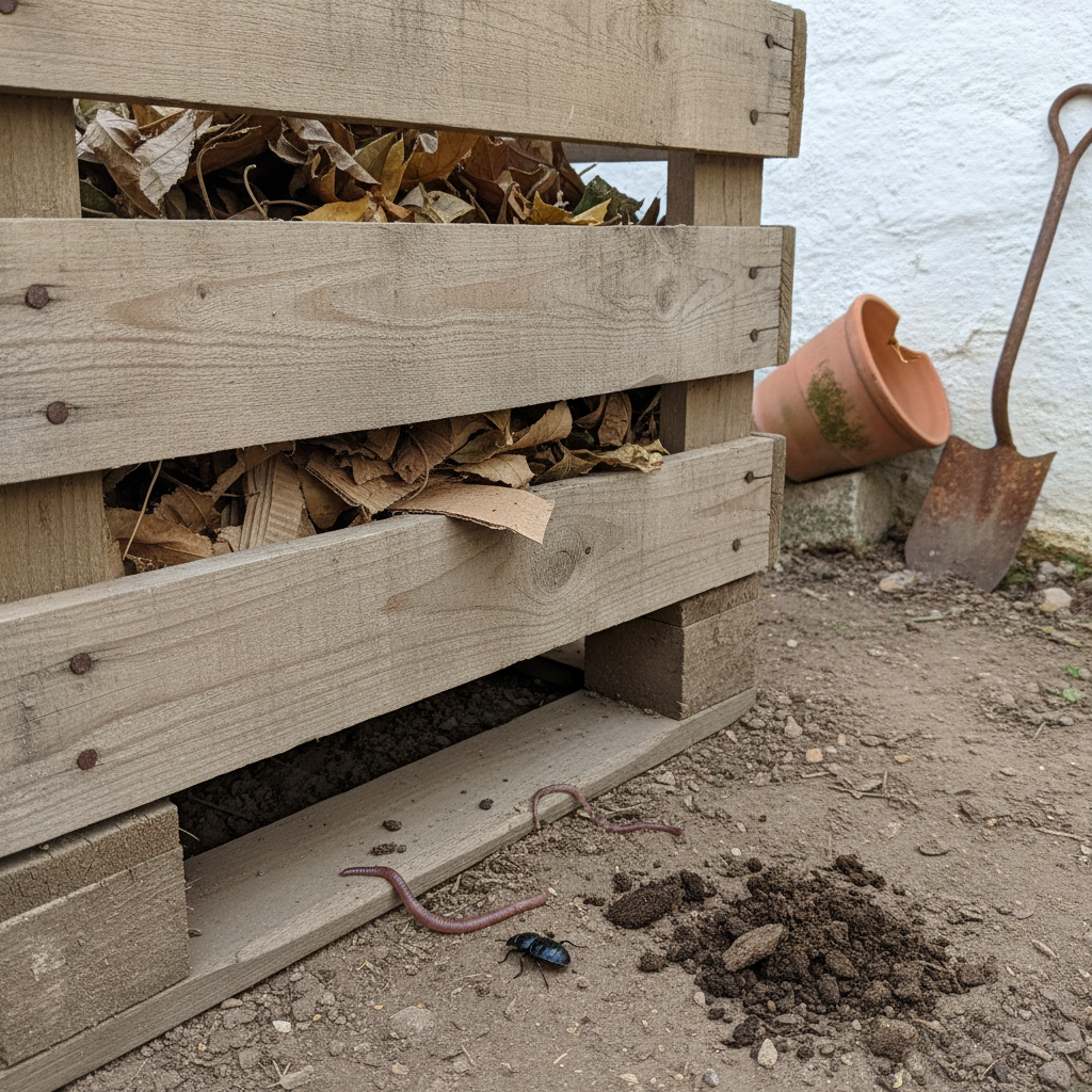 Detalle de compostera de palets reciclados sobre tierra desnuda en un huerto español, mostrando lombrices y hojas en descomposición.