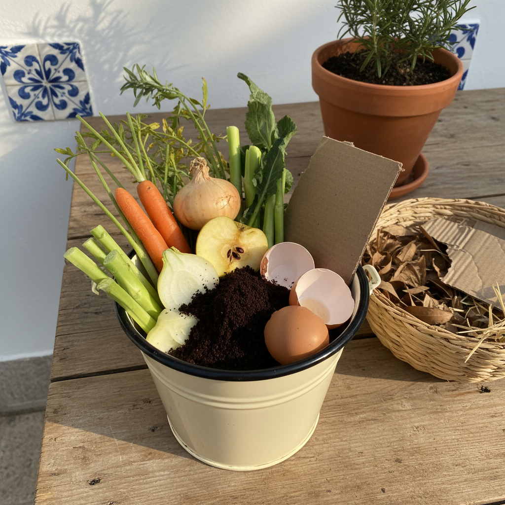 Cubo de cocina con restos de fruta y verdura junto a un cesto de hojas secas para el compostaje en frío.
