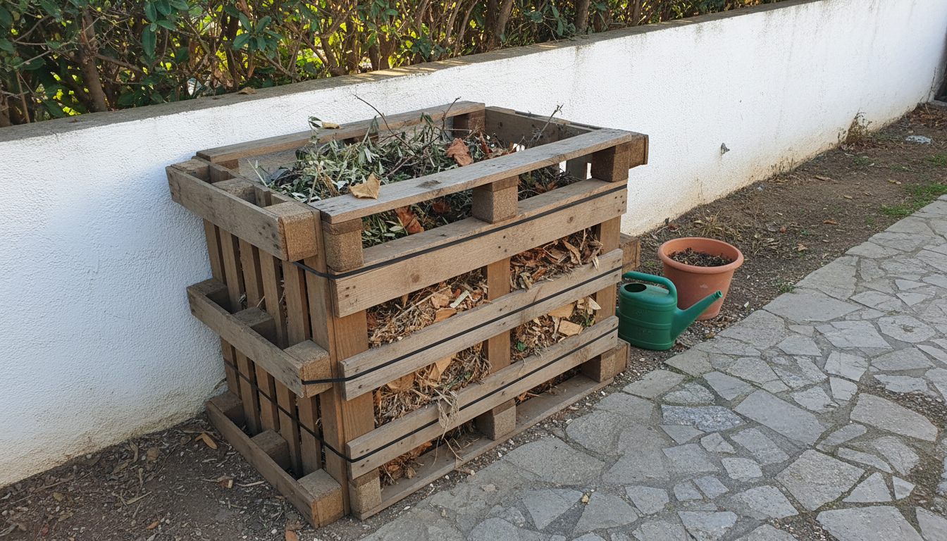 Compostera de palets reciclados en un rincón sombreado de huerto español, con hojas secas y restos vegetales encima.
