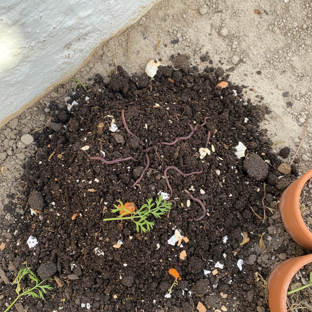 Tierra oscura del huerto con lombrices y restos vegetales en descomposición vistos al apartar la capa superior.