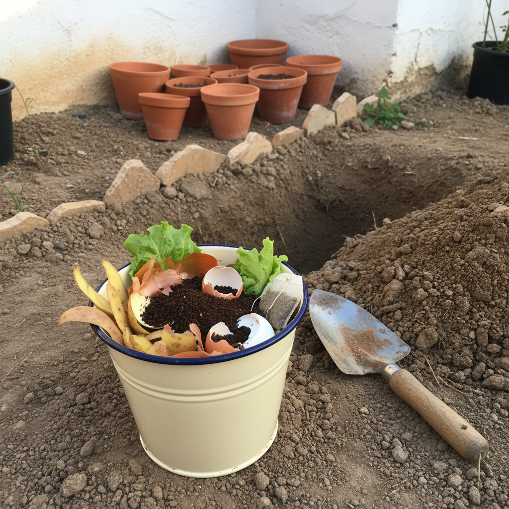 Cubo de cocina con mondas de patata, posos de café y cáscaras de huevo junto al borde de una zanja en el huerto.