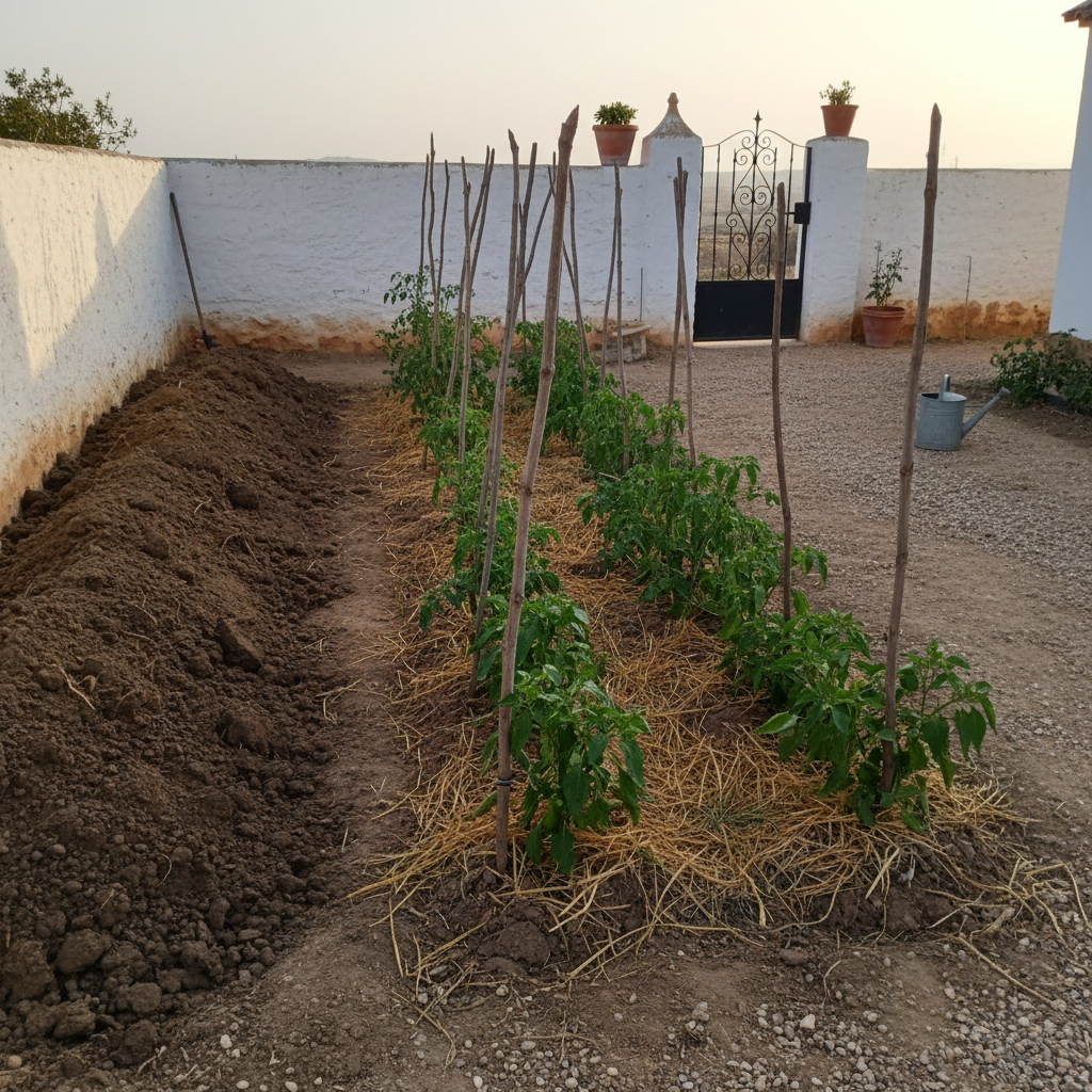 Pequeño huerto familiar dividido en tres franjas paralelas: una zanja, un bancal cultivado y un paso de tierra.
