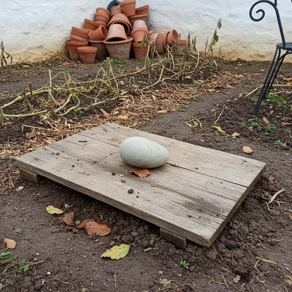 Zanja de compostaje cubierta con una tabla de madera y una piedra encima en un huerto invernal español.