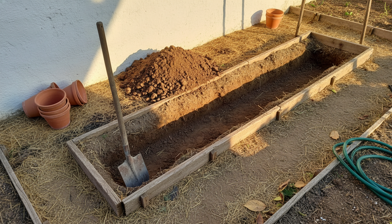 Zanja recién cavada en huerto familiar español con tierra removida y pala de mango de madera apoyada en el borde.